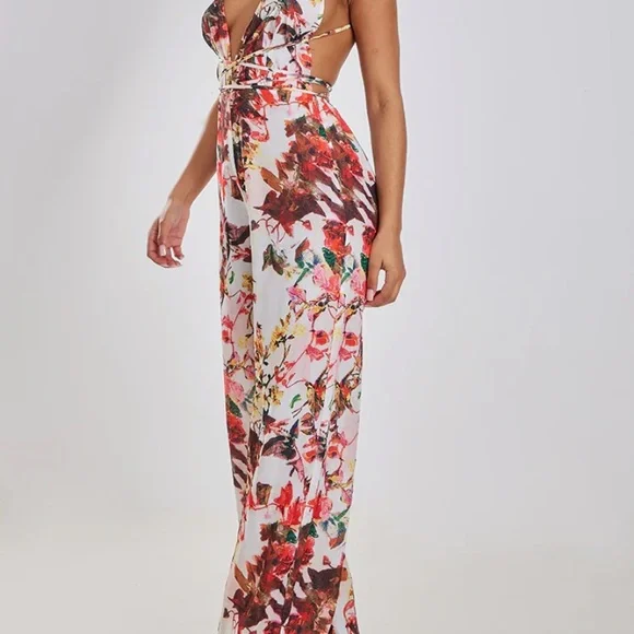 Multi Floral Print Halterneck Wide Leg Jumpsuit - Picture 2 of 2
